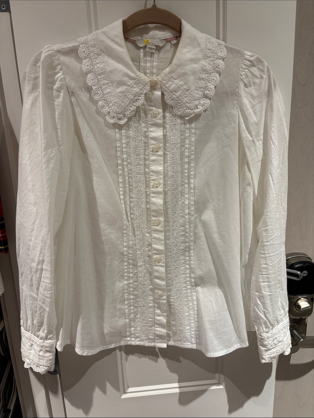 Boden White Lace-Collar Button-Down Blouse